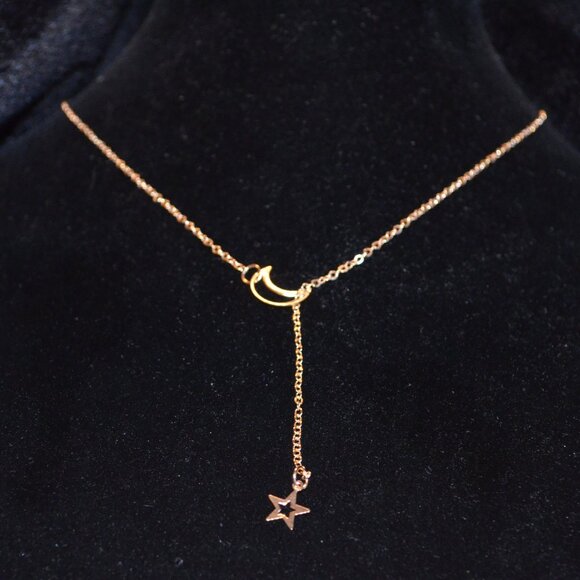 Moon & Star Gold Toned Necklace Charms Flat Chain Link Lobster Clasp - Picture 1 of 9